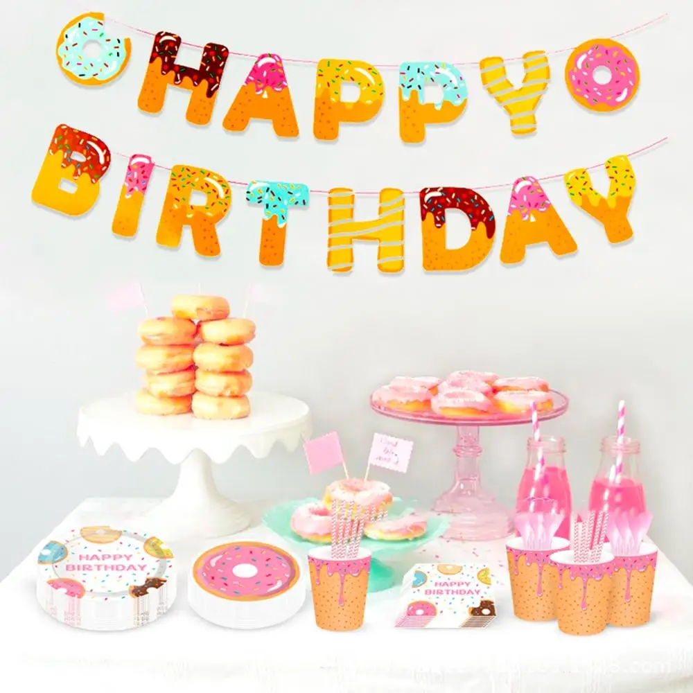 

HUIRAN 45Pcs Donut Theme Birthday Banner Paper Cup Napkin Plates Happy Birthday Party Decorations Kids Baby Shower Decorations