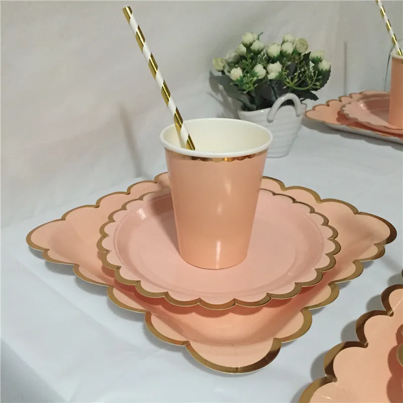 24 Sets Blush Pink Paper Plates Cups Napkins Straws Paper Tableware Set