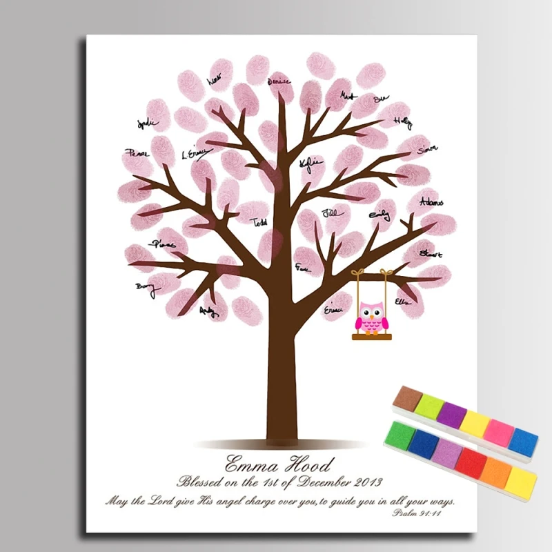 Guest Book Fingerprint Tree Signature Painting Pink Owl Canvas Guest Book Fingerprint Tree Signature Painting Pink Owl Canvas For Baby Shower Include 12ink Colors In Books
