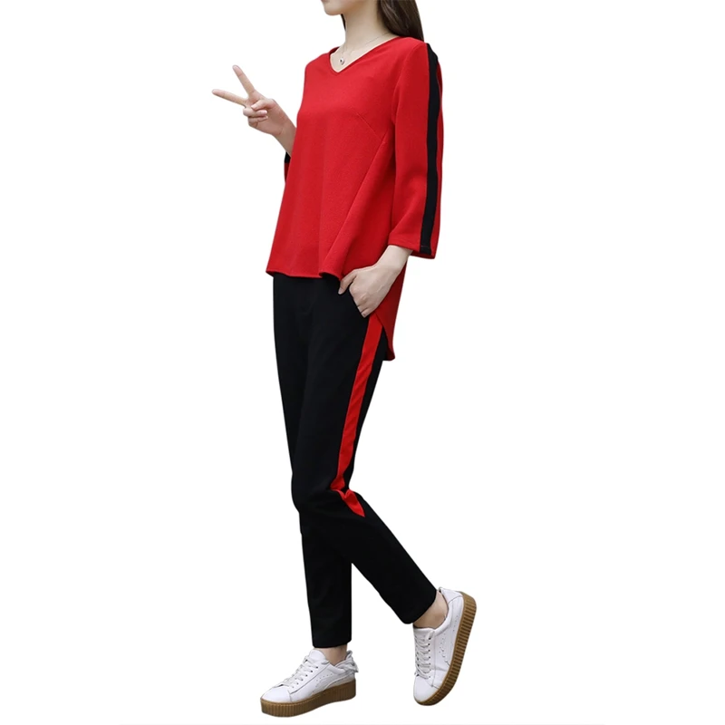 

New 2Pcs Women Three Quarter Sleeves Sweet V-neck T-Shirt + Side Striped Ankle-length Pants Women Sets Leisure Wear Casual Suit