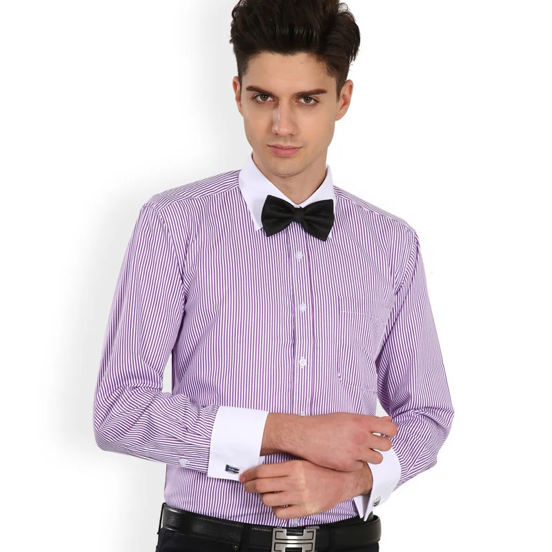 Дизайн белый в полоску французские запонки Для мужчин рубашки с длинным рукавом Французская запонка вечерние Для мужчин рубашки плюс Размеры 4XL 46