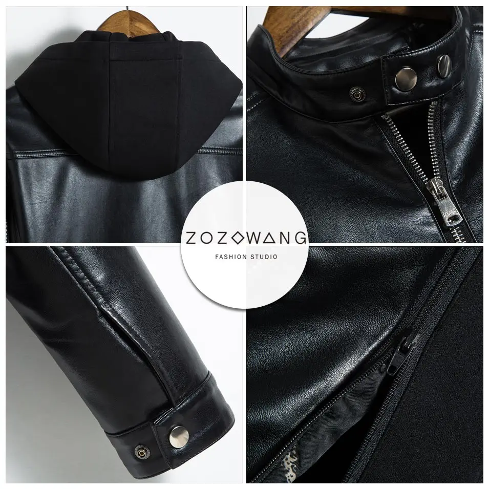 Zozowang новая куртка из искусственной кожи с капюшоном может быть съемные свободные на молнии однотонные повседневные весна-осень Большие