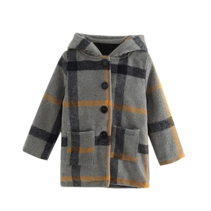 Kids Baby Girls Winter Clothes Woollen Coat Hooded Plaid Jacket Thick