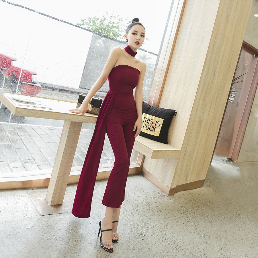 New Summer Wine Red Sexy Ladies Off Shoulder Jumpsuit Vintage Ankle Length Pants Jumpsuits and Playsuits