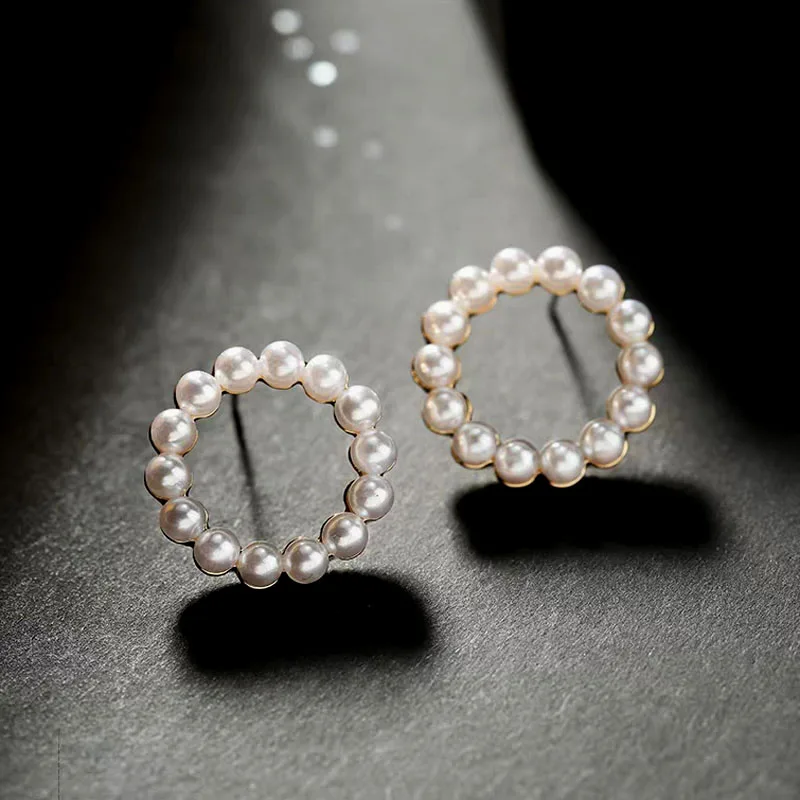

SINLEERY Simple Hollow Square Triangle Round Stud Earrings Women Elegant Pearl Wedding Party Jewelry ES066 SSH