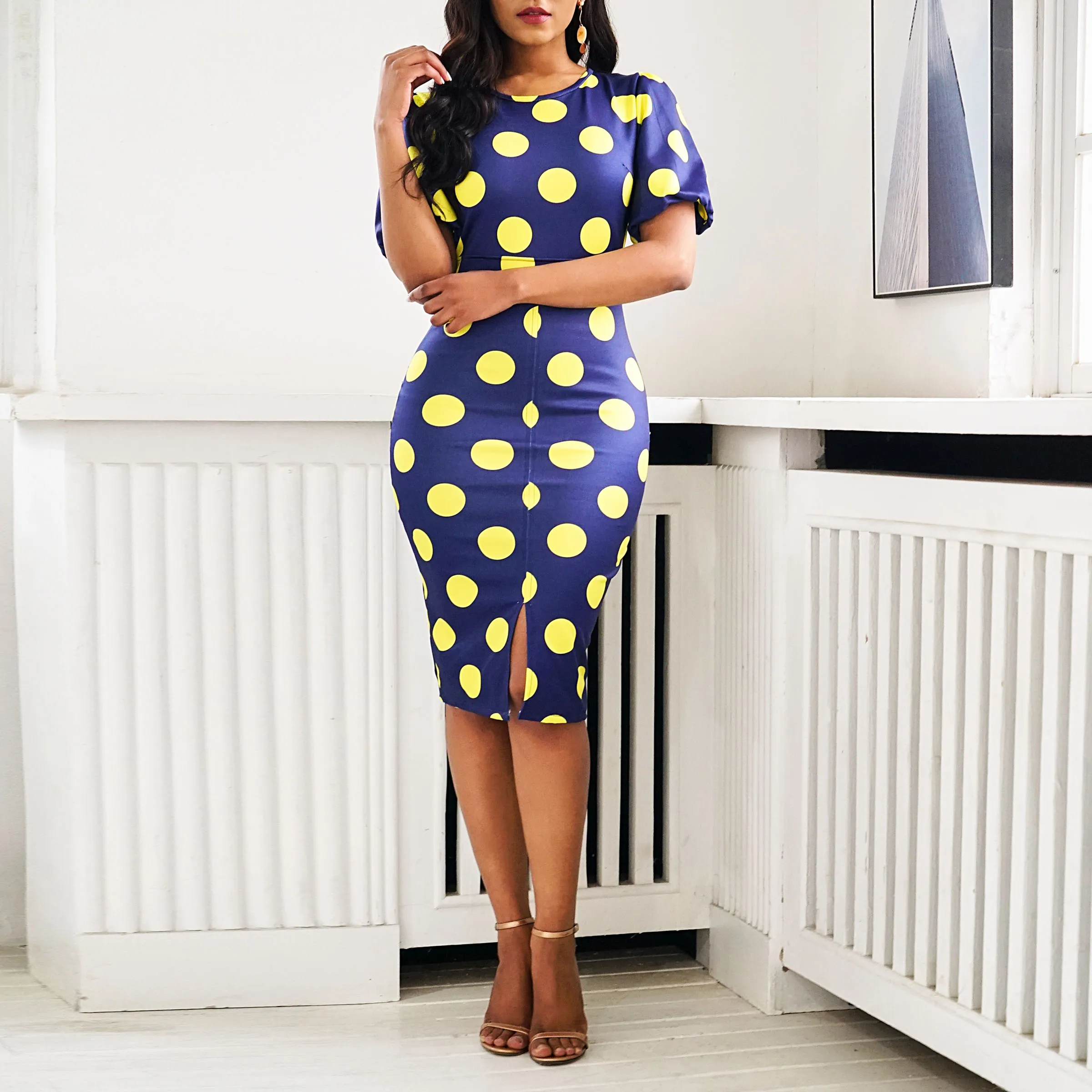 

Women Midi Dresses Elegant Blue Office Lady Plus Size Bodycon High Waist Polka Dots Print Split Summer Female Fashion Dress