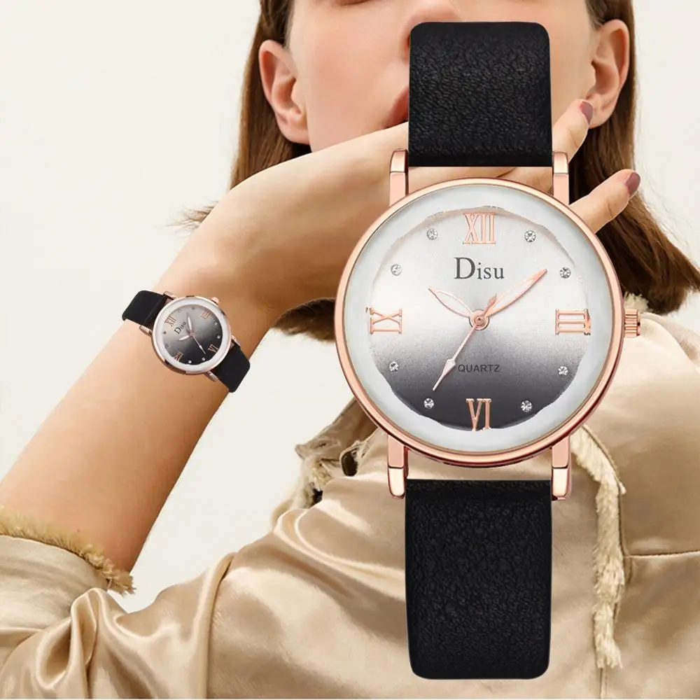 

Dropshipping Disu Brand Watch Women Casual Quartz Leather Band Gradient Watch Analog Wrist Watch Gifts Montre Femme Reloj Mujer