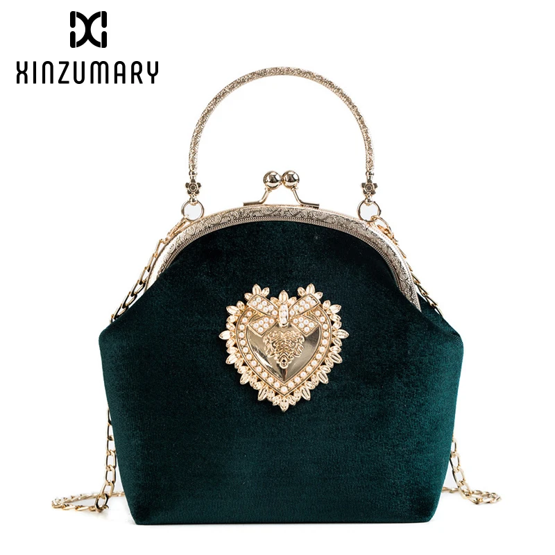 

Lady Velvet Pearl Handbag Vintage Velour Heart Design Evening Bag Wedding Party Bride Clutch Velour Bag Purse Women Shoulder Bag