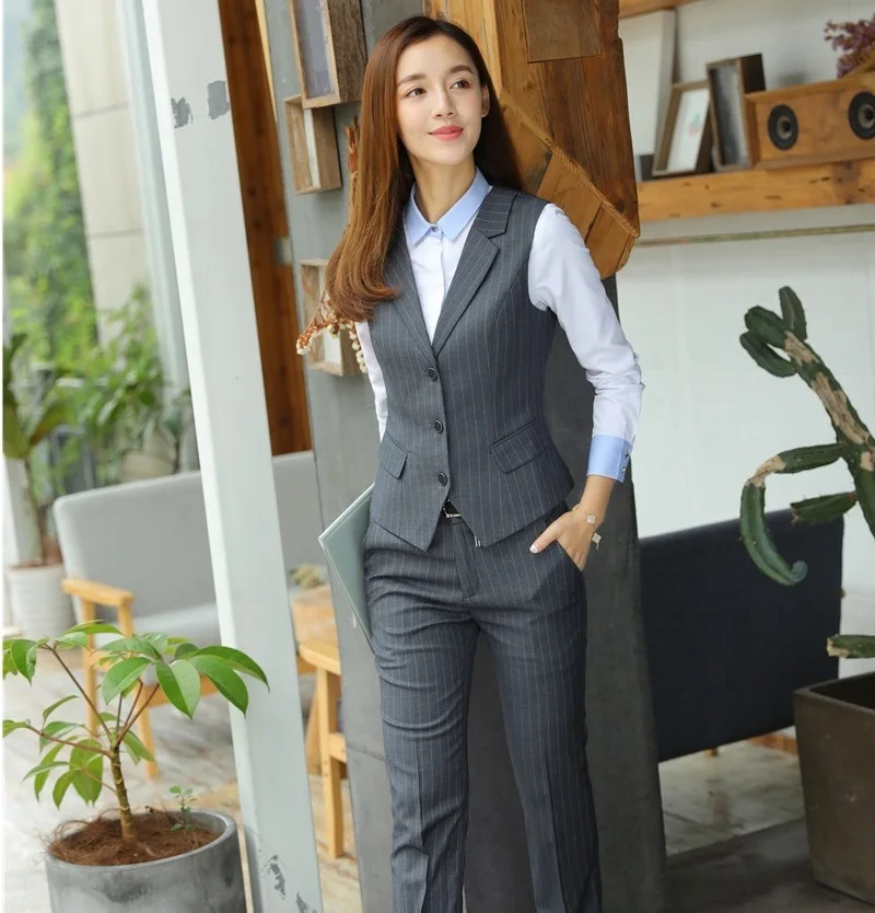 

High Quality Fiber - Formal Women Vest & Waistcoat Grey Striped Elegant Female Work Wear Office Uniform Designs