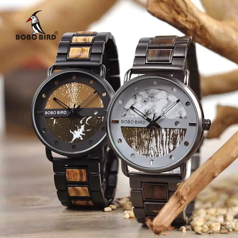 Saat erkek Wooden Watches Men Wristwatch Quartz Clock BOBO BIRD Show date Gift in Wood Box in Wood Box Customize Logo
