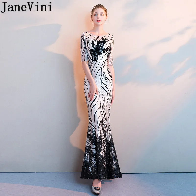 JaneVini Nieuwe Mermaid Half Sleeve Moeder van De Bruid Jurken Shiny Black Sequin Godmother Lange Avond Party Wedding Vrouwen Jurk JaneVini Nieuwe Mermaid Half Sleeve Moeder van De Bruid Jurken Shiny Black Sequin Godmother Lange Avond Party Wedding Vrouwen Jurk