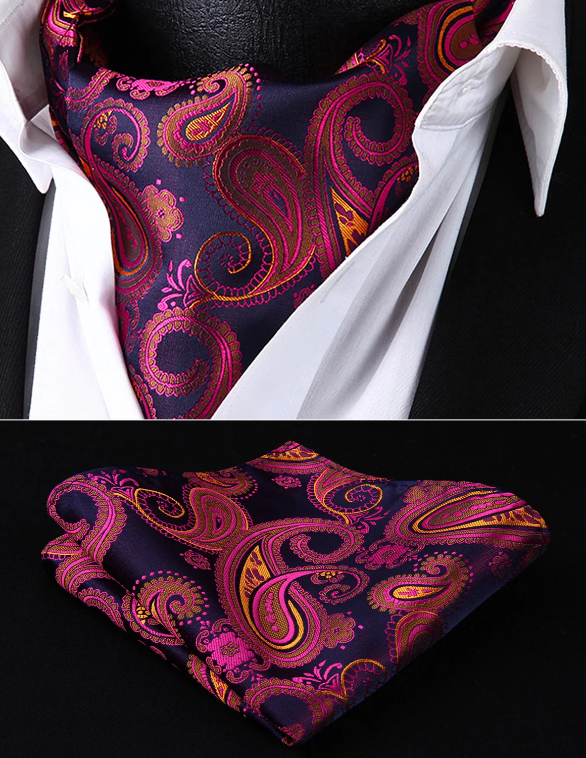 Buy Mens Navy Blue Pink Floral Ascot Tie Pocket Square