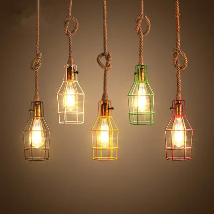 Colorful Vintage Pendant Lights Hemp Rope Birdcage Loft Vintage Pendant Lights