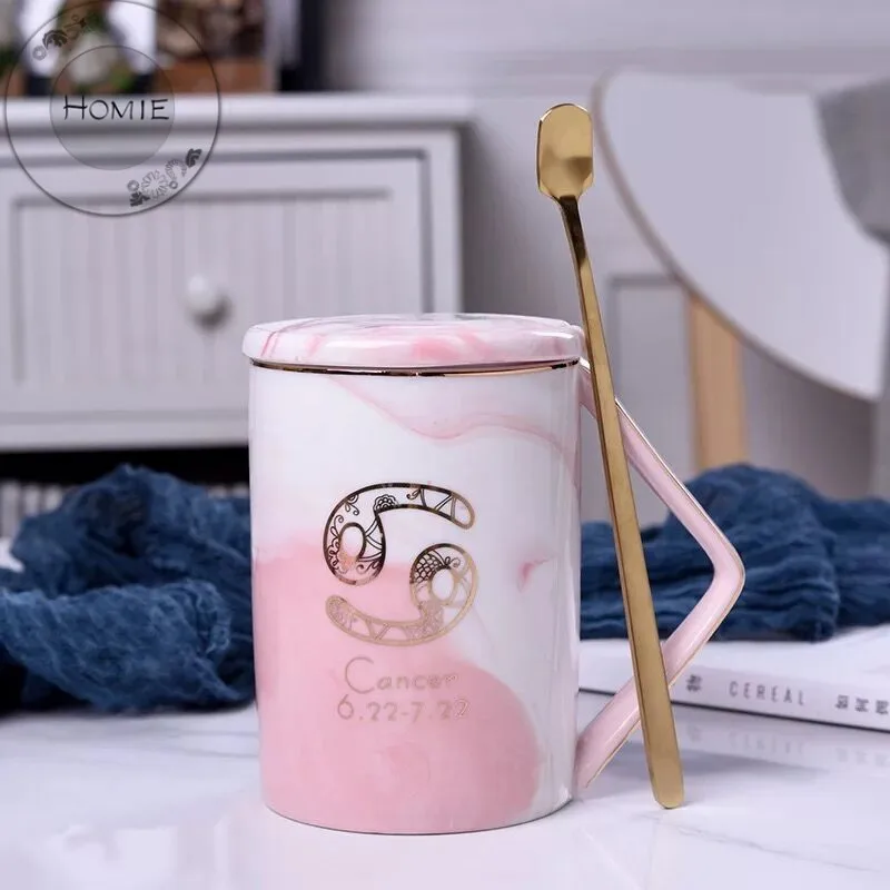 HOMIE Luxury 12 constellation marble cup With lid and spoon Ceramic Coffee Mug 450ml Animal Mugs creative Drinkware Tea milk Cup Newlywed couple gift16