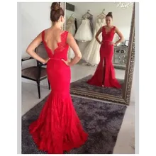 2016 schöne Memraid V-ausschnitt Red prom Kleid mit Applqiues Lange Abendkleid Benutzerdefinierte vestido de festa gala jurken