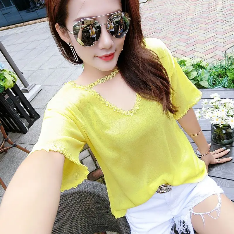 Summer Hollow Knitted Woman Short Sleeve Lace Flower V Neck Pullover Sweater Female Tops Elastic Loose knitting 2019 Spring New