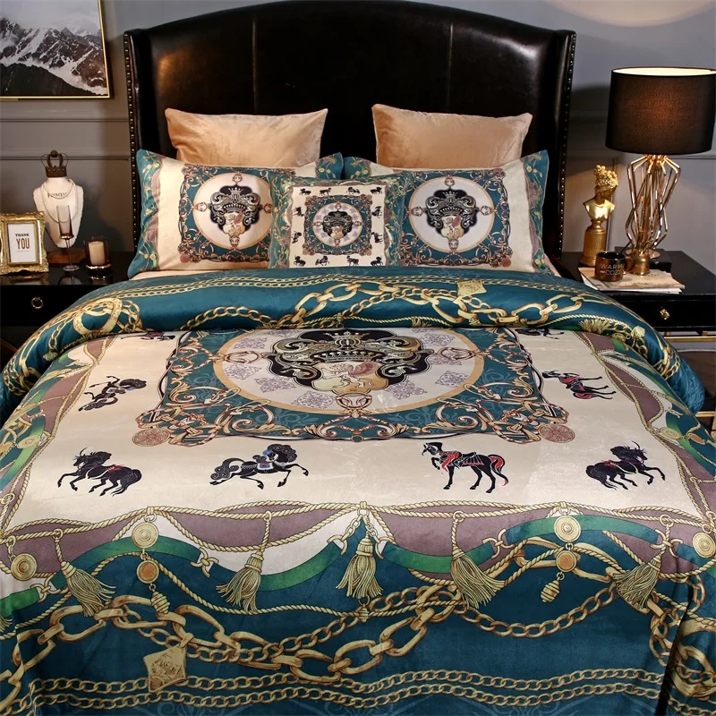 Luxury European Classic War Horse Printing Winter Thick Fleece Fabric Bedding set Flannel Velvet Duvet cover Bed sheet Pillow