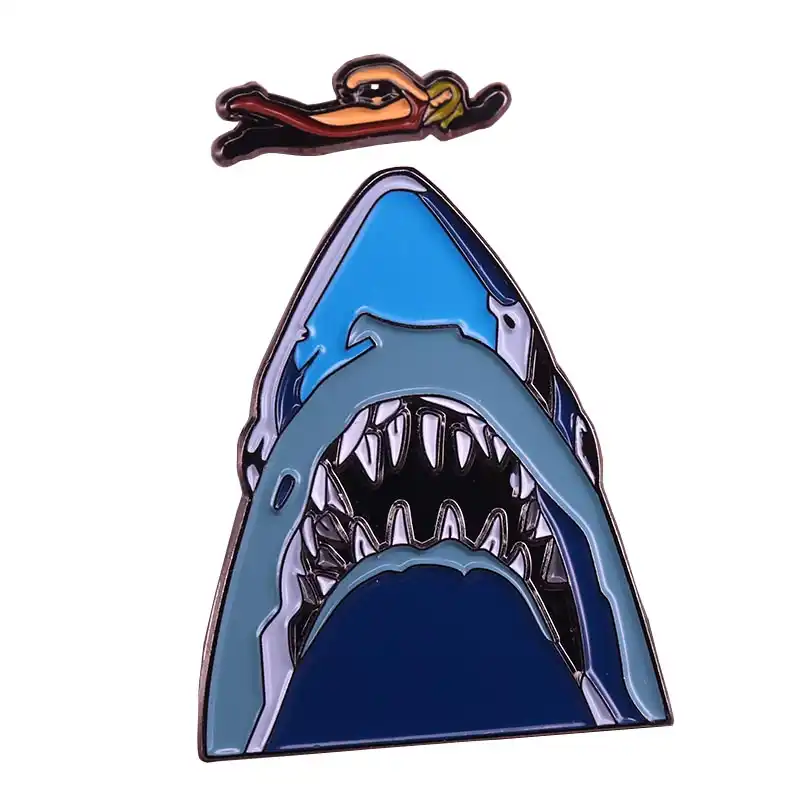 swimming over shark mouth brooch set thrills horror art pin