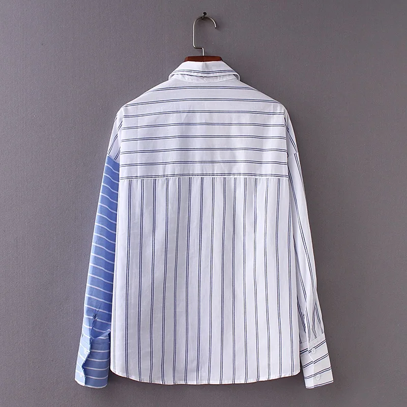 VOGUEIN جديد إمرأة عارضة مخطط طباعة لصق طويل كم قميص بلوزة قمم بالجملة