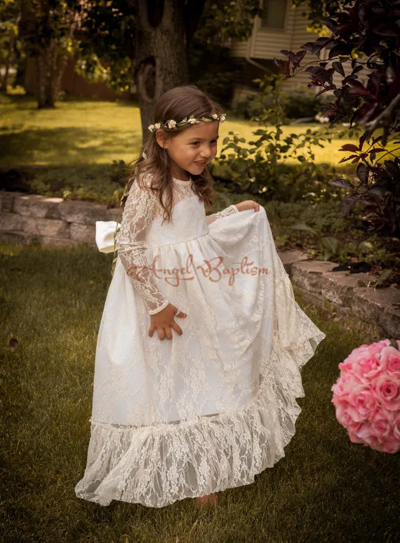 Cute Haute Couture sheer Jewel neckline Long Sleeves White/Ivory Lace Tulle A-line Tutu Flower Girl Dress Party Birthday Pageant