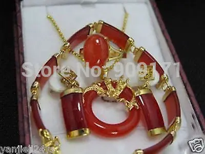 

Free Shipping>>Charming Jewelry Rael Red Jade Bracelet Earring Ring Set