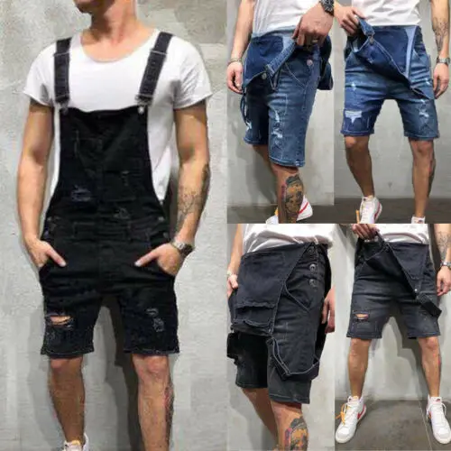 Men Pencil Pants Ripped Bib Jumpsuit Suspender Overalls Male Solid Summer Pants Overall