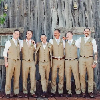 

New Groom Vest+pant Khaki Groomsmens Best Man mens suits 2017 Custom Made Five Buttons Wedding Prom Dinner Waistcoat men suit