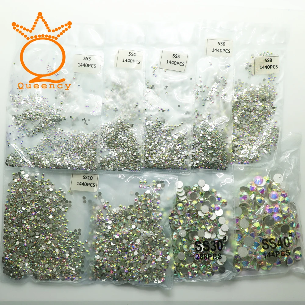 

Super Glitter SS3-SS30 1440pcs Crystal AB Flat Back Nail Rhinestone 3D Non HotFix Nail Art Decoration Glass Manicure Accessories