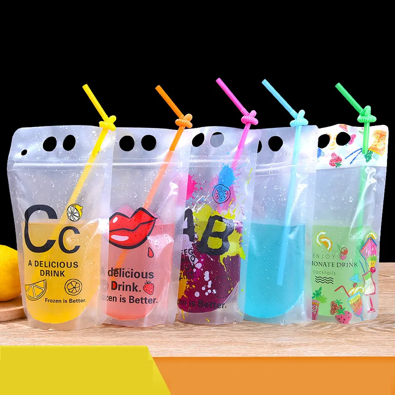 

100 Pack New Design 7Style 450ML Plastic Drink Packaging Bag Pouch for Beverage Juice Milk Coffeewith Handle and Holes for Straw