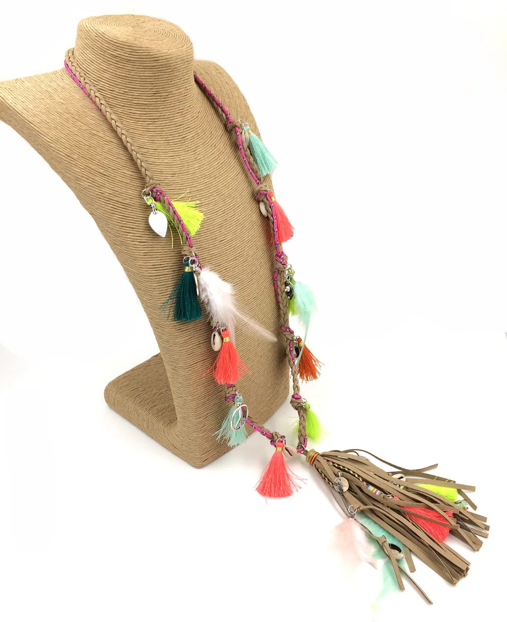 2017 new Boho jewelry leather fringe tassel pendents Bohemia long Necklaces silk  tassel charm feather charm ethnic necklace
