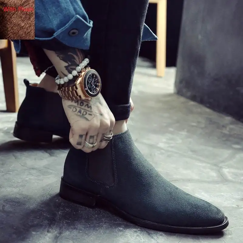 ERRFC/Британский модный мужской, ботинки челси, Прошитые, без шнуровки, из нубука, трендовые мужские ботильоны, черные, роскошные, с высоким берцем, повседневная обувь, 38-44 - Цвет: GreyWithPlush