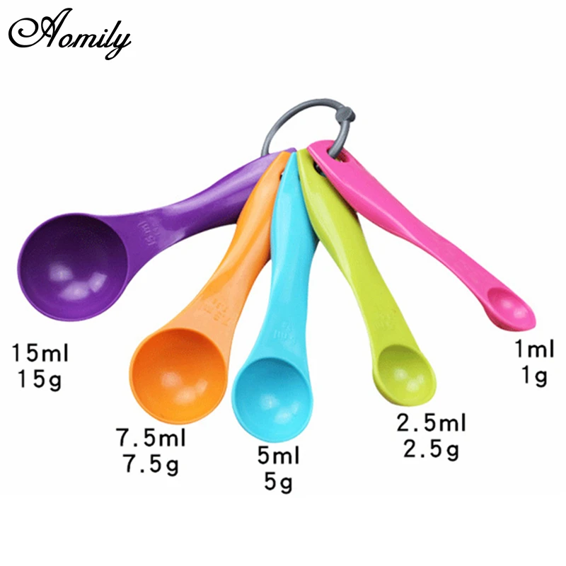 

Aomily 5pcs/Set Colorful Measuring Spoons Plastic (1/2.5/5/7.5/15ml) Measure Spoon Super Useful Sugar Coffee Cake Baking Spoon