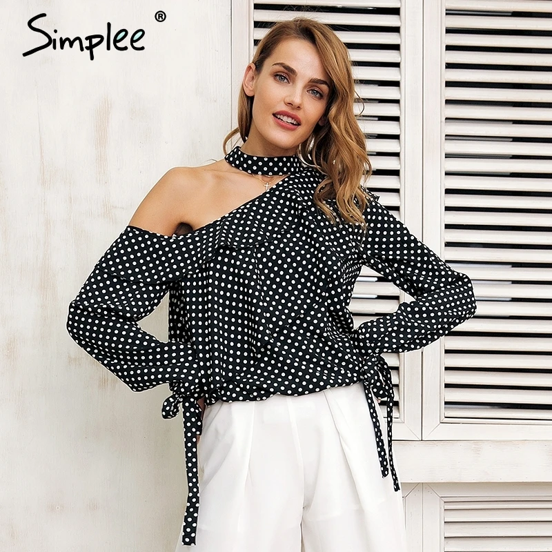 Acheter Simplee Une épaule polka dot chemisier À Volants lanterne manches vintage chemisier en mousseline Sexy arc femmes d été blouses 2018