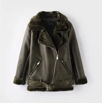 Женские зимние пальто из искусственной овчины, женские винтажные мотоциклетные утепленные куртки, теплые черные пальто из искусственного меха C578 - Цвет: armygreen