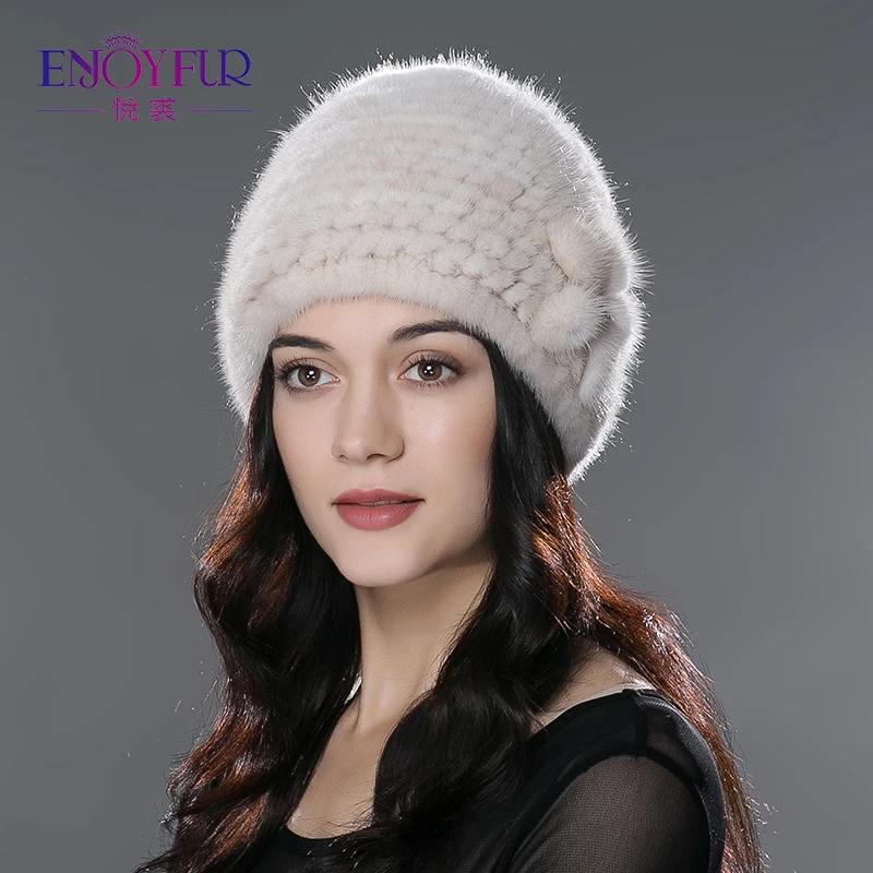 

ENJOYFUR Winter fur hat for women real natural mink fur beanies high quality knitted mink hat thick warm