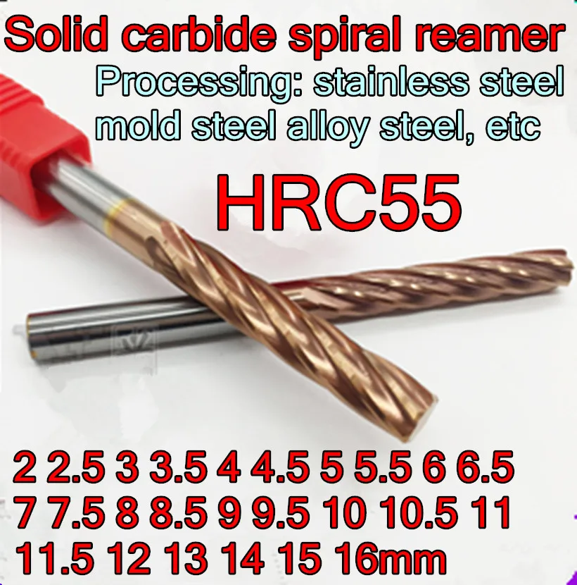 

2.0mm-16mm HRC55 Solid carbide spiral reamer H7 = +0.005 - +0.010mm Processing: stainless steel mold steel alloy steel, etc