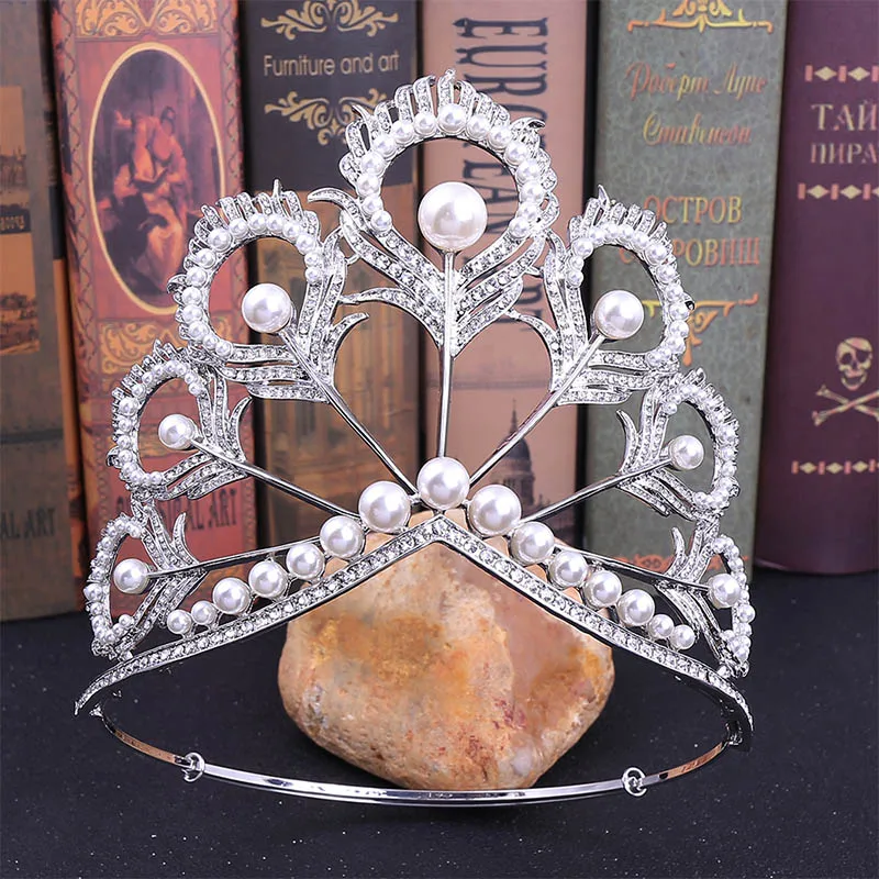 

Round Silver Pearl Rhinestone Feather Big Size Queen Tiaras Crown Head Jewelry Metal Women Headpiece Wedding Hari Accessories LB