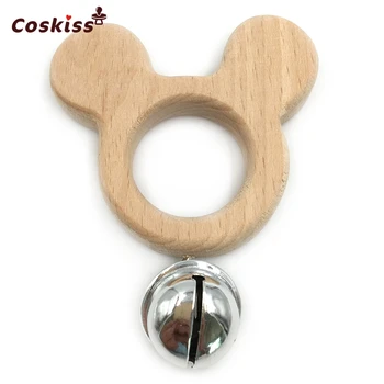 

Baby Teether Bells Beech Wooden Mickey Mouse Natural Handmade Wooden Teether DIY Eco-Friendly Safe Newborns Enlightenment Toys