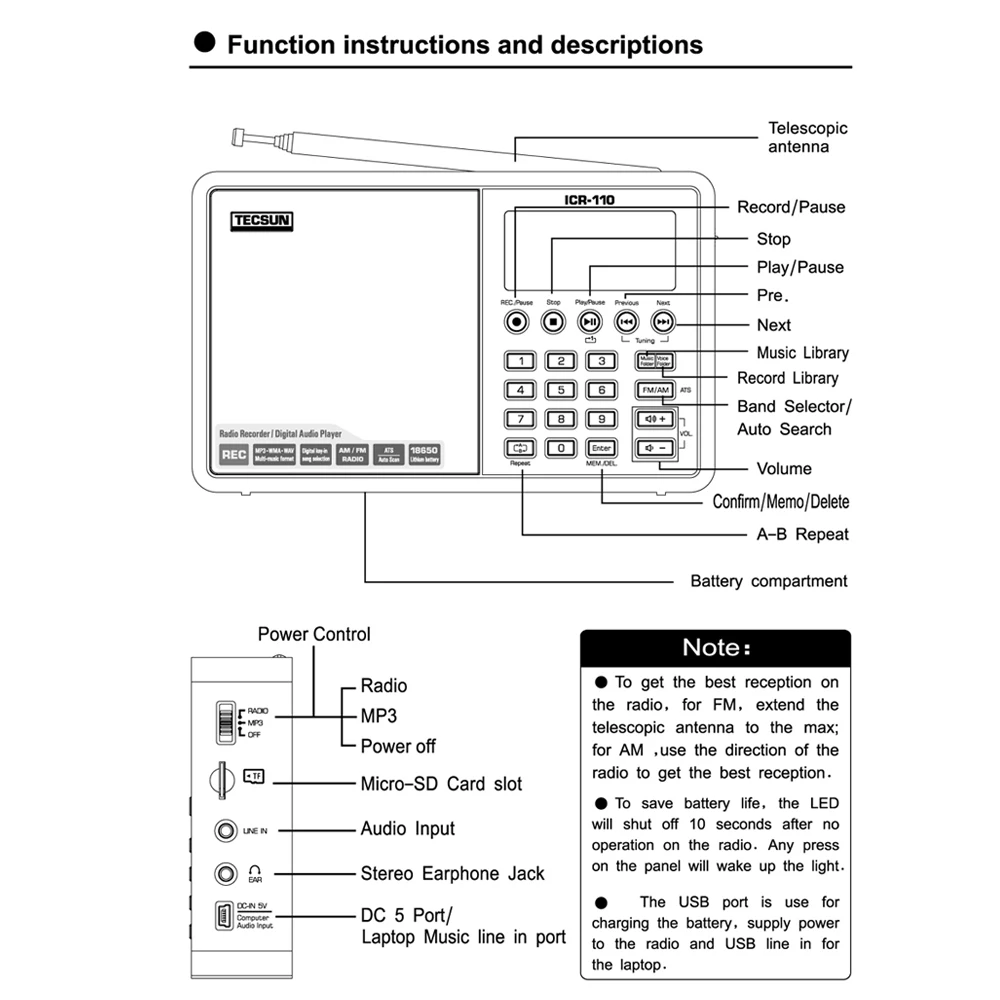 TECSUN ICR-110 FM/AM TF карта MP3 плеер рекордер радио ICR110(обновленная версия ICR-100