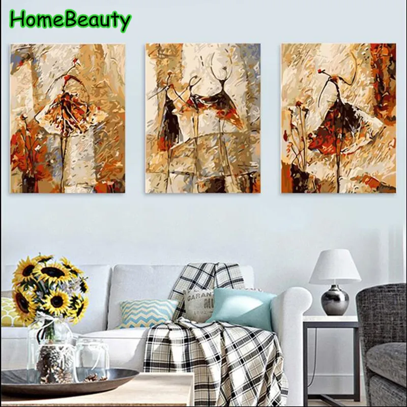 

Triptych painting calligraphy for living room diy oil pictures by numbers acrylic drawing coloring by number dancing girl SL005