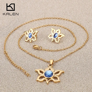 

Kalen New Jewelry Sets For Women 3 Colors Stainless Steel Necklaces & Blue Zircon Earrings Sets Flower Jewelry Sweetheart Gifts
