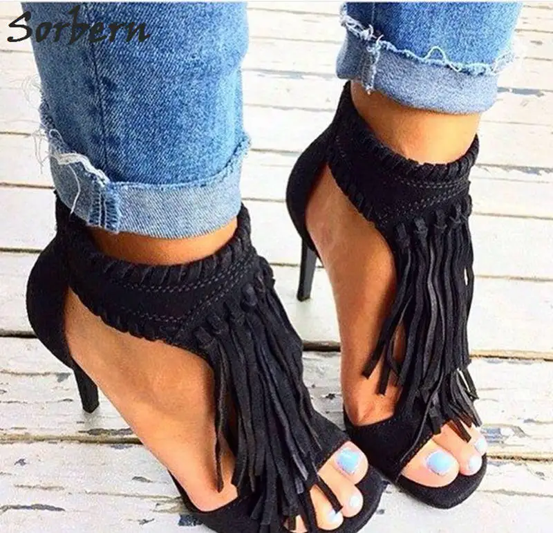 Sorbern Women Sandals Shoes Black Apricot Fringe High Thin Heels Peep ...