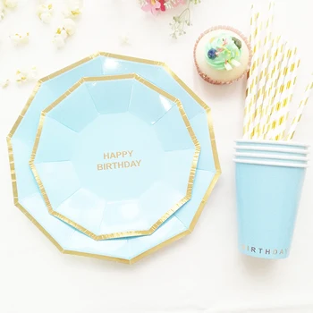 

Gold Foil Light Blue Happy 1st Birthday Tableware Set Plate Cup Straw Boy Girl Kid Birthday Decor 16 Paper plate 8 cup 20 straw