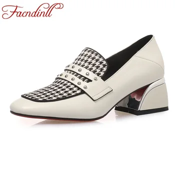 

FACNDINLL brand 2019 new spring genuine leather women pumps square high heels shoes woman dress party offlce ladies shoes pumps