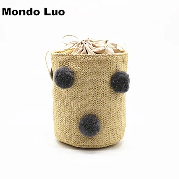 

Lovely Hair Ball Woven Straw Bag Shoulder Drawstring Bucket Bag