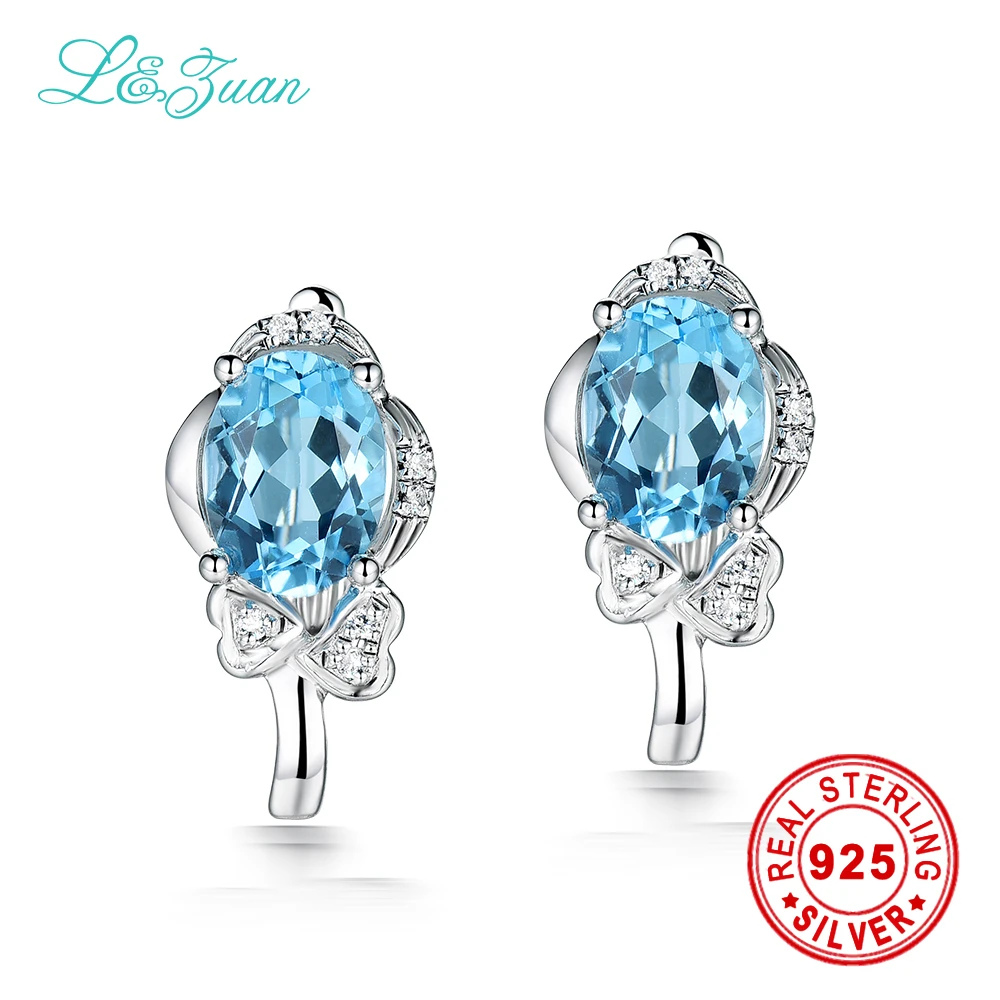 

l&zuan Brand Luxury natrual 3ct Topaz blue stone flower sterling silver stud earrings 925 sterling silver earrings for women
