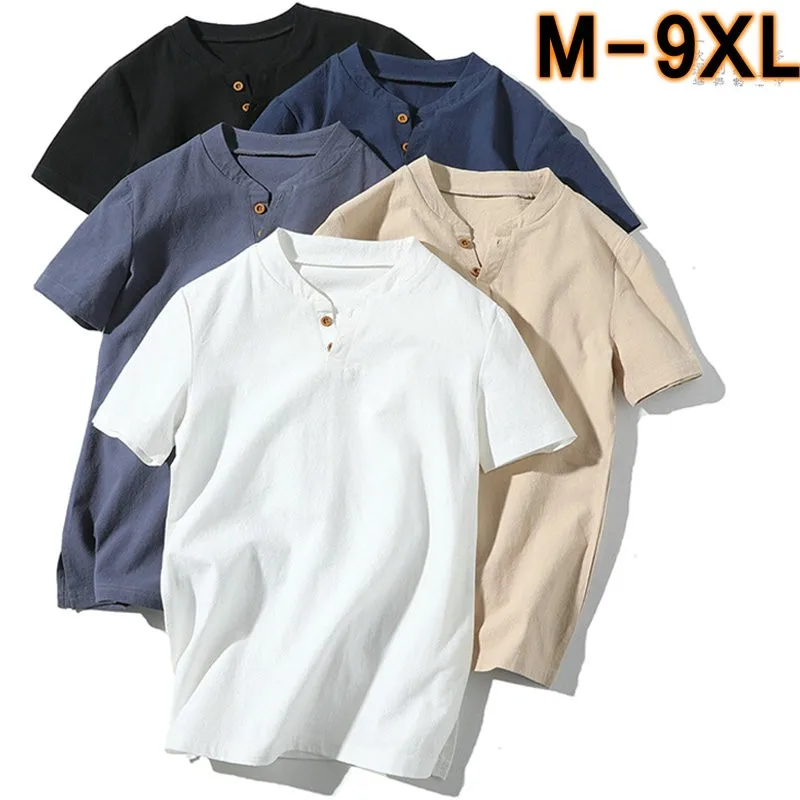 

Linen male big v-neck t shirt Chinese style fat guy plus size men's Casual short-sleeve T-shirt 7XL 8XL 9XL big summer shirts