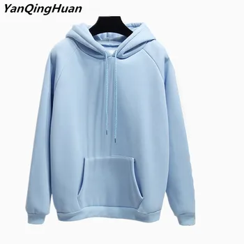 

Yan Qing Huqn Winter Blue Harajuku Fashion Thicken Casual Hoodies Solid Color Loose Pullover Women Sweatshirt Tops Sportswear