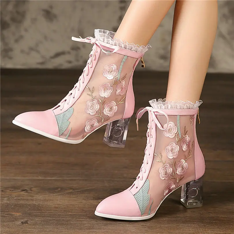 

Women Cow Leather Chunky High Heel Party Ankle Boots Breathable Lace Wedding Pointed Toe Pumps Casual Shoes Embroider Sandals
