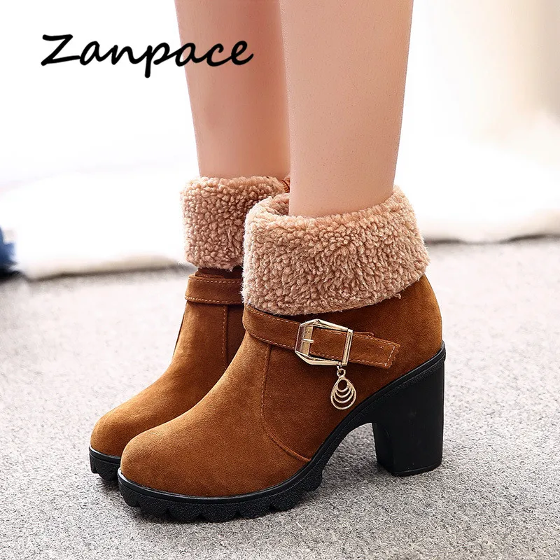 

Big Size 35-41 Fur Warm Women Boots Ladies Winter Snow Boots Shoes Woman Square Thick High Heel Shoes Ankle Keep Warm Boots